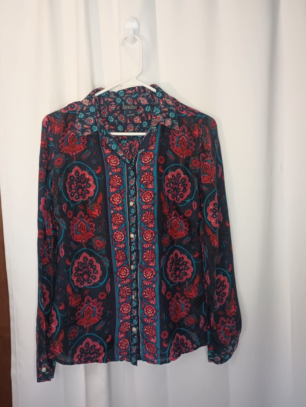 Lucky Brand Womens Silk Scarf Print Button Up Top M Dark Bohemian Artsy Indie